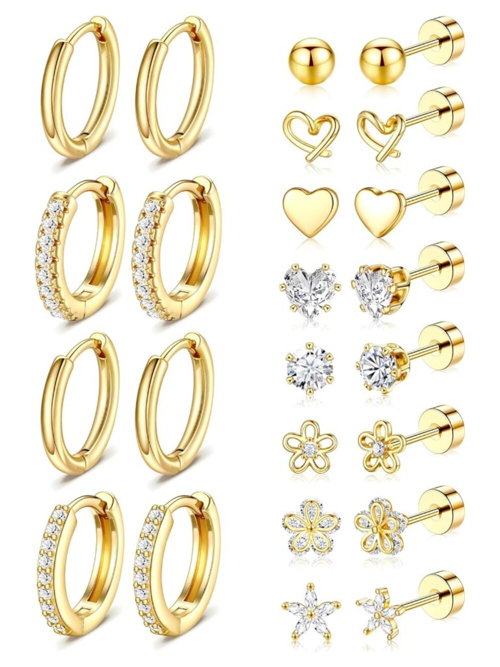 14k Gold Plated Surgical Stainless Steel Flat Back Stud & Huggie Hoop Earrings